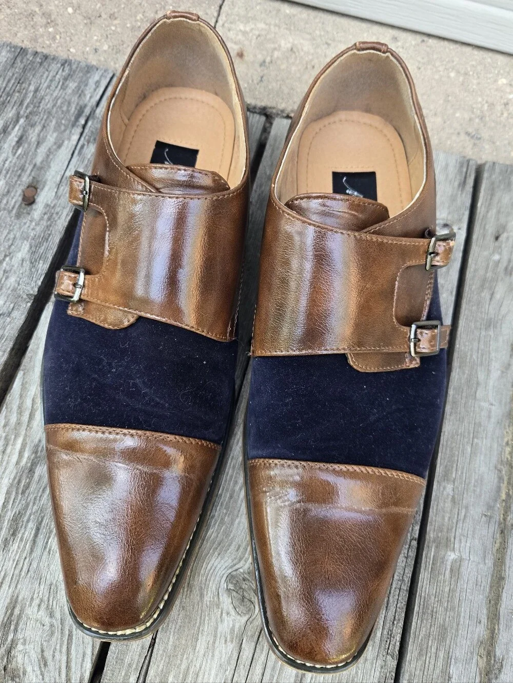 2 Tone Double Monk Strapbbuckle Brogue Shoes Mens Sz 7 Metro Charm